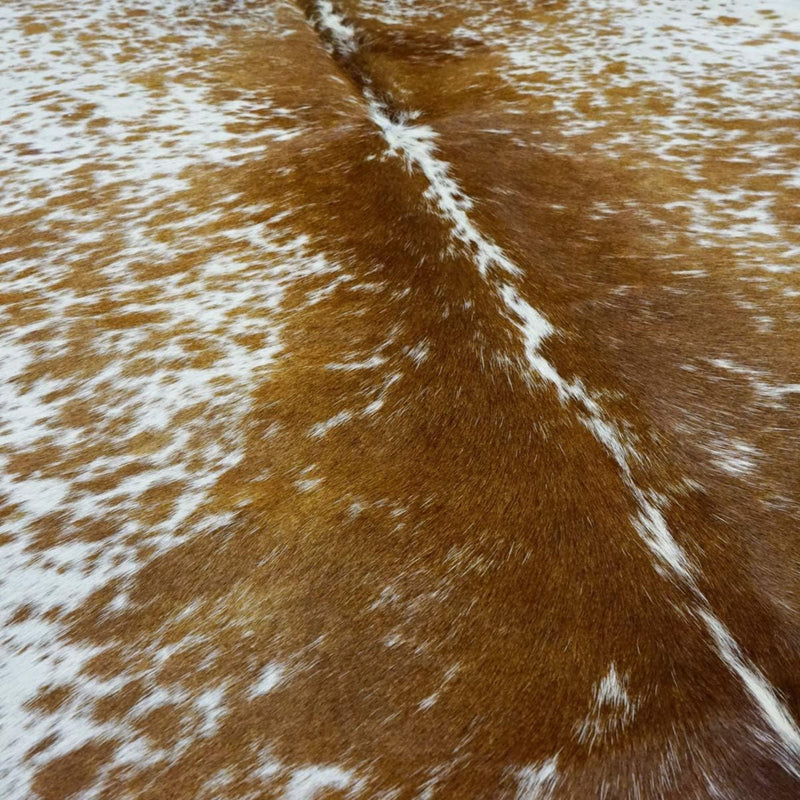 Close-up of Texas Range brown cowhide rug showing natural hair-on texture.