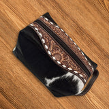 Jet Black Western Luxe Leather Toiletry Bag featuring beautiful hand-tooled designs and a secure zipper, perfect for everyday use.