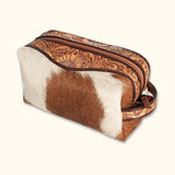 Western Luxe Leather Toiletry Bag made from hand-tooled genuine cowhide, showcasing rustic elegance and durable craftsmanship.