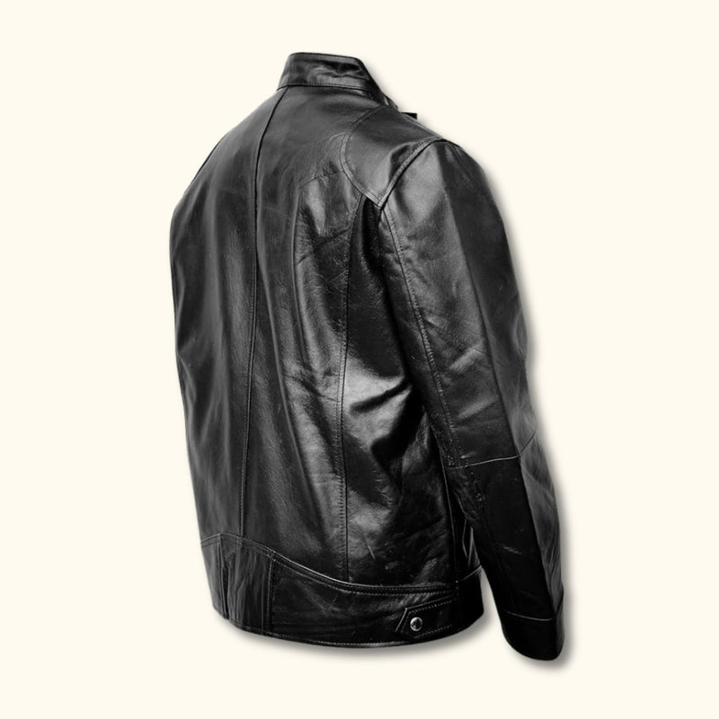 Back view of a black leather jacket showing seam details and stand collar.