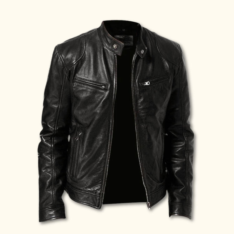 Black leather biker jacket with a stand collar and multiple zippered pockets.