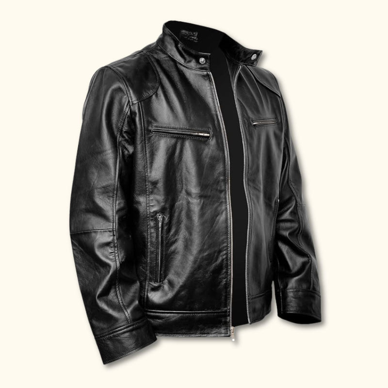 Front view of a black leather jacket with a stand collar and zippered pockets.