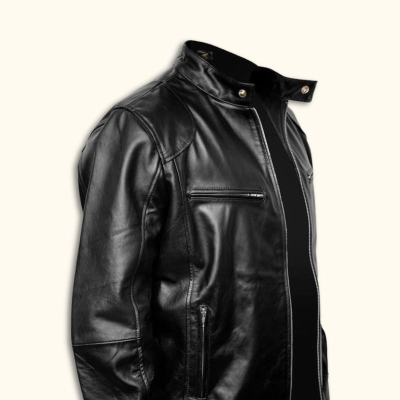 Black leather jacket with a stand collar and zippered pockets.