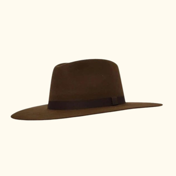 Side view of a Brown Western Hat, showcasing its classic wide brim design.