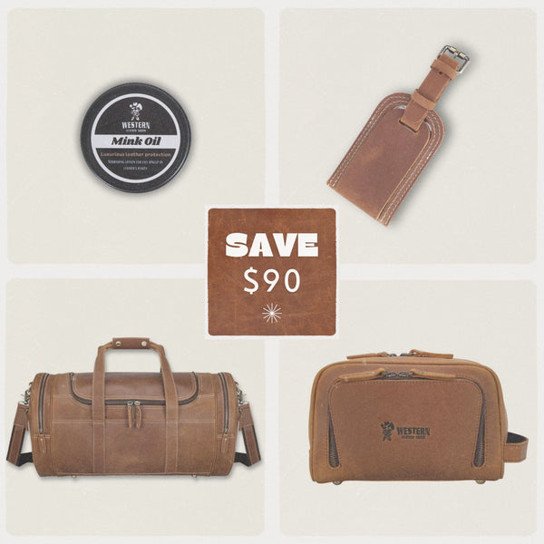 Jetsetter's Leather Essentials Bundle includes a premium leather duffle bag, luggage tag, toiletry bag, and mink oil leather conditioner, all available with a $90 savings.