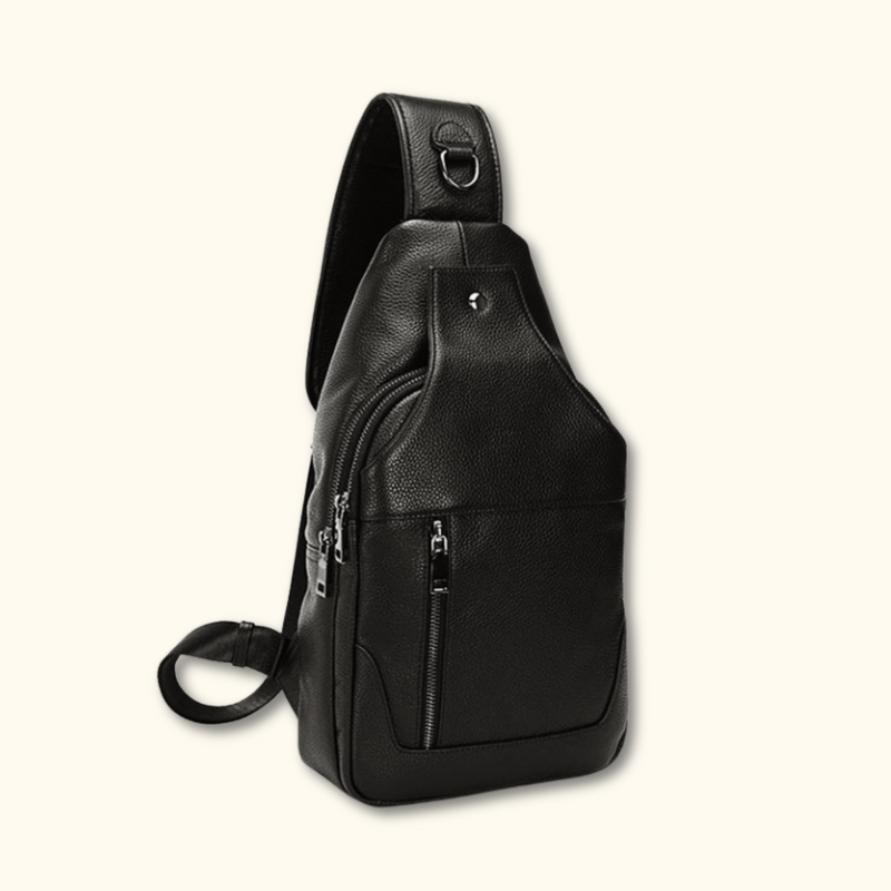 Angled view of the Western Adventure Leather Sling Bag, highlighting its sleek design and multiple zip compartments.