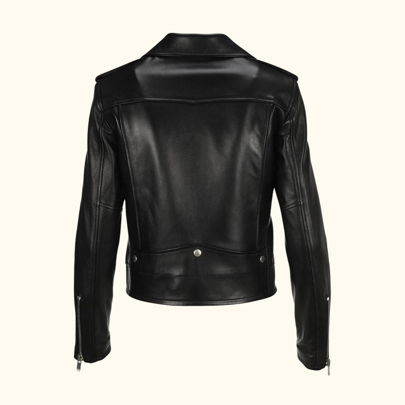 Back view of the Midnight Rider Leather Jacket, highlighting the smooth black leather finish and structured design.