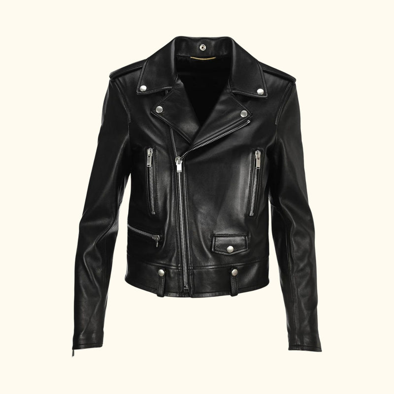  Front view of the Midnight Rider Leather Jacket, showcasing its sleek black lamb leather with silver-toned zippers.