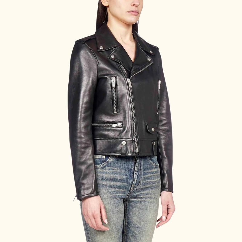 Side view of the Midnight Rider Leather Jacket, showing the jacket's fitted design and functional zippered pockets.