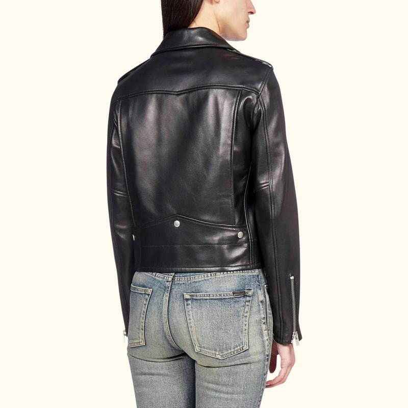 Rear-side view of the Midnight Rider Leather Jacket, featuring the detailed stitching and classic biker style.