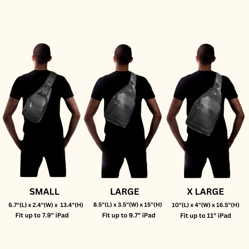 Size comparison of the Western Adventure Leather Sling Bag in small, medium, and extra-large sizes, shown on three individuals from the back with dimensions and iPad compatibility indicated.