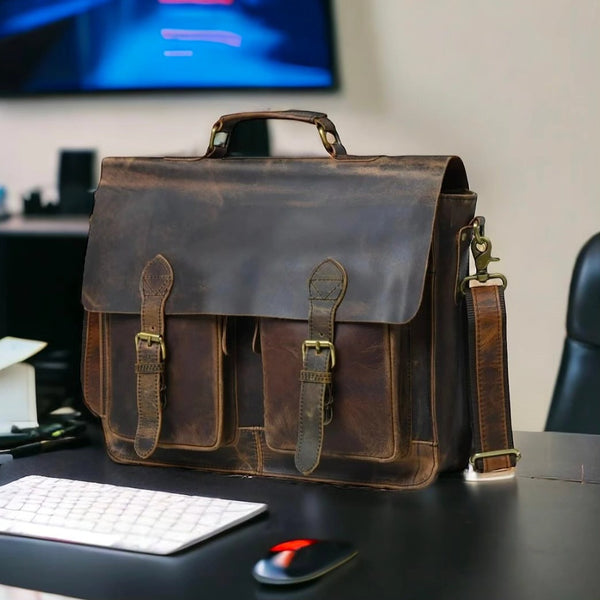 The Open Planes - Buffalo Brown Leather Vintage Briefcase