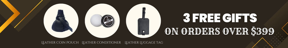 Banner promoting three free gifts with orders over $399, featuring a leather coin pouch, leather conditioner, and leather luggage tag.