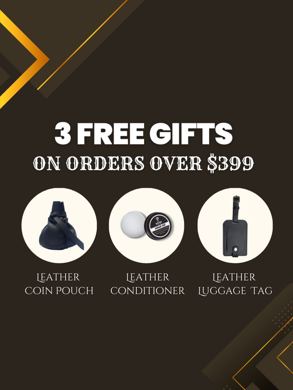 Promotional banner offering three free gifts (a leather coin pouch, leather conditioner, and leather luggage tag) on orders over $399.