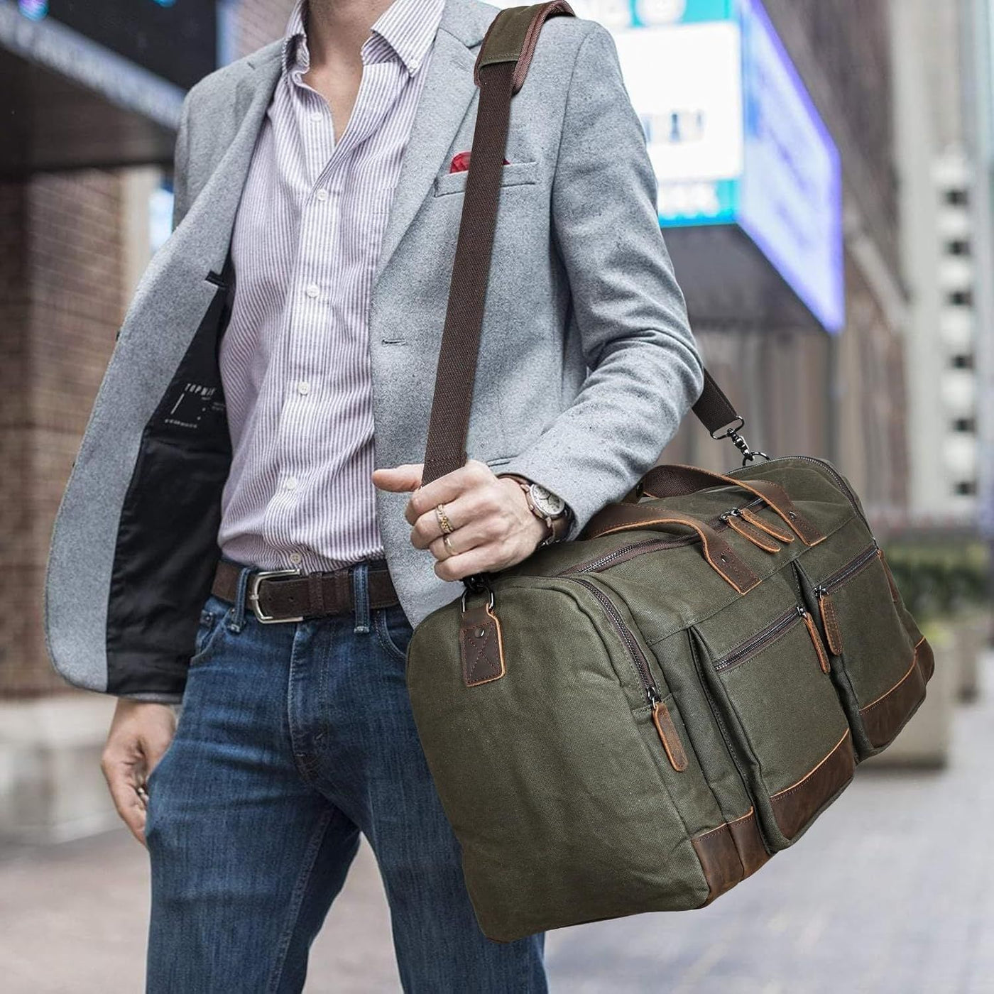 Canvas and leather weekender bag sale