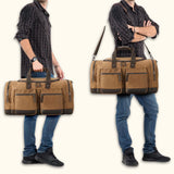 The Weekender - Waxed Canvas Leather Duffel being carried by a man, shown in two poses: one with the bag held by hand and the other with the adjustable shoulder strap, highlighting its versatility and stylish design.