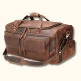 The Homesteader - Western Luxurious brown, full-grain leather duffel bag with ventilated shoe compartment and brass zipper closure. Perfect for weekend getaways.