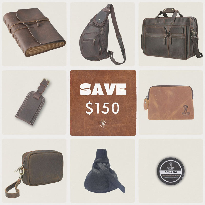 Western Traveler’s Premium Leather Pack Bundle featuring a handmade vintage leather notebook, men's crossbody sling bag, large leather briefcase, luggage tag, leather wallet bag, leather coin pouch, mouse charger clutch bag, and mink oil leather conditioner.